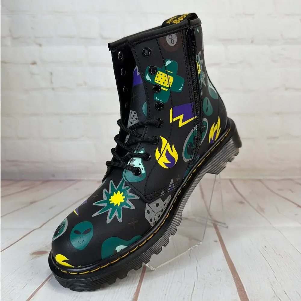 Dr. Martens Junior 1460 Sticker Print Leather Lace Up Black Boots Size 4 M/5 L